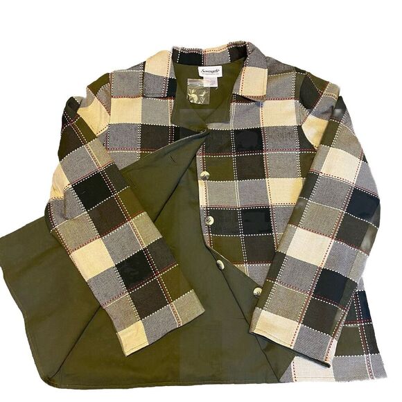 Serengeti Women Large Reversible Green Beige Plaid Shirt Jacket Multi Button Up - Picture 1 of 8